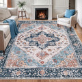 SERISSA Boho 8x10 Area Rugs, Washable Vintage Large Living Room Rug Non-Slip, Ultra Soft Oriental Print Distressed Tribal Farmhouse Blue Orange Carpet for Dining Room Bedroom Dorm Office Home Decor