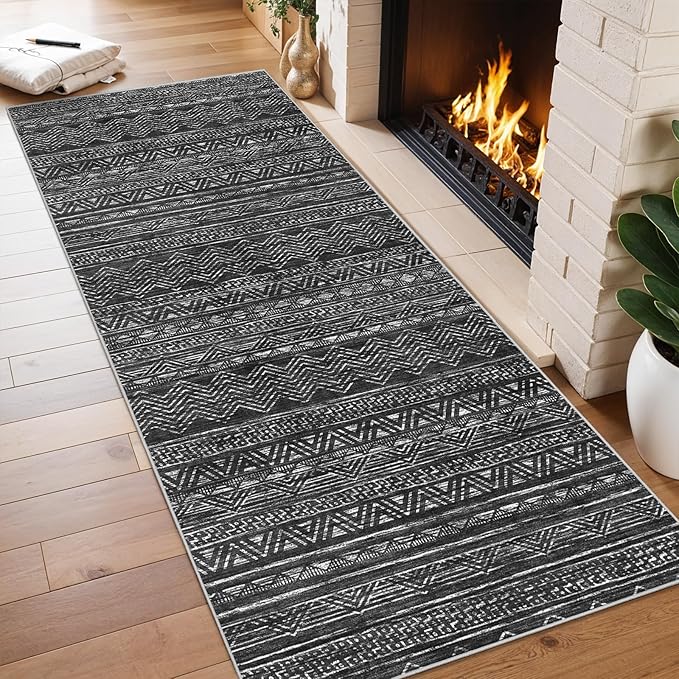 2x6 Washable Hallway Runner Rug - Moroccan Non-Slip Indoor Table Long Runners for Entryway Soft Low Pile Neutral Rugs for Kitchen Waterproof Geometric Carpet for Bedroom Bathroom Laundry 2x6 Black