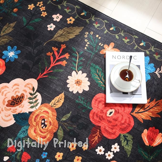 Rugcomf Door Mat Indoor Entrance 2x3 Rug Machine Washable Boho Floral Small Area Rug Non-Slip Low Pile Throw Rugs for Entryway, Kitchen, Front Door Indoor Entrance, Entry, Kids Room (Black)