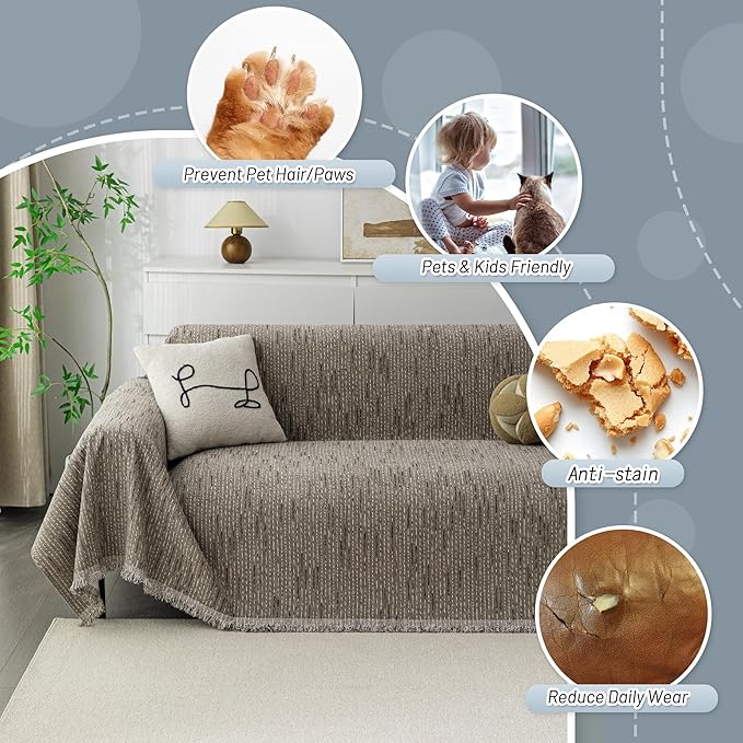 MYSKY HOME Boho Couch Cover Sand Sofa Covers Washable, Farmhouse Sofa Slipcover Simple Couch Protector for Dogs Chenille Sectional Couch Covers L Shaped Couch Cushion Covers, 91"x 134"