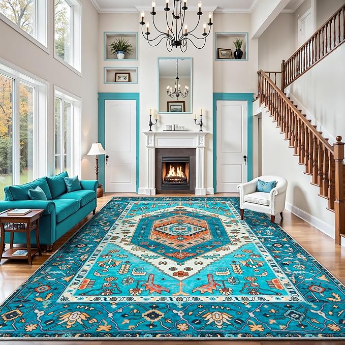SERISSA 9x12 Area Rugs for Living Room, Large Washable Non-Slip Boho Rug, Ultra Soft Vintage Blue Oriental Print Distressed Farmhouse Carpet for Dining Room Bedroom Dorm Office Home Decor