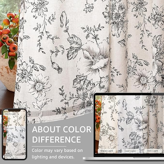 jinchan Linen Blend Curtain Floral Curtains for Living Room 102 Inch Length Black Printed Curtain Rod Pocket Back Tab Farmhouse Peony Flower Patterned Drapes Bedroom Window Curtains Set 2 Panels