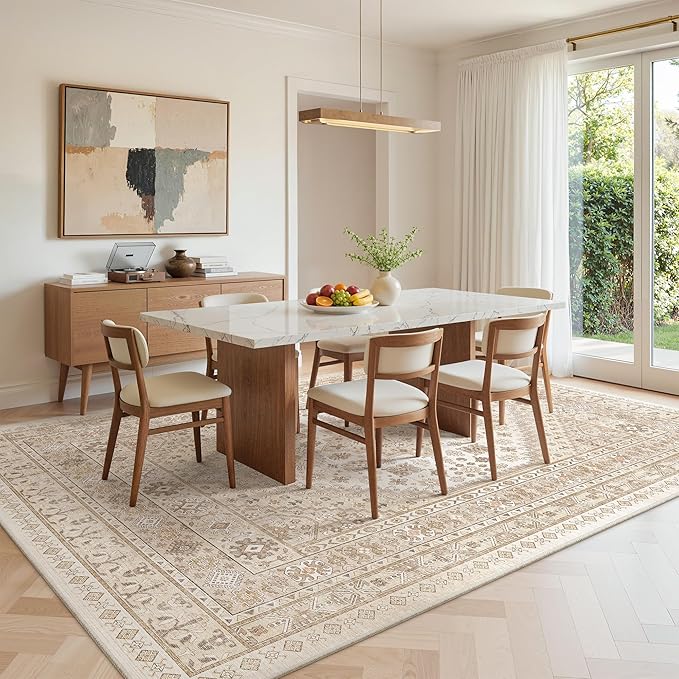 zesthome 7x9 Area Rug, Super Soft Washable Rugs for Living Room, Non-Slip Stain Resistant Vintage Rugs, Ultra-Thin Large Area Rugs (Cream/Beige,7'x9')