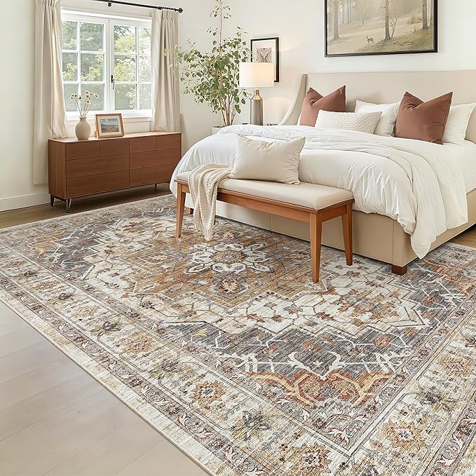 Madane 5x7 Area Rugs for Living Room, Stain Resistant Washable Rugs, Non-Slip Backing Area Rug, Vintage Home Decor Rug for Bedroom (Turmeric/Grey, 5'x7')