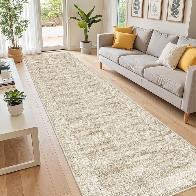 Long Hallway Runner Rug- Carpet Runners for Hallway 12ft, Anti Slip Backing Washable Rug Runner for Bathroom, Entrance, Living Room, Soft Low Pile Modern Rug Runner(2'x12', Brown/Ivory)