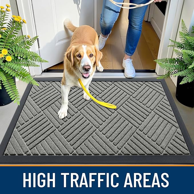 OLANLY Front Door Mat Outside Entrance 29.5x17, Absorbent, Heavy Duty Sturdy Natural Rubber Doormat Indoor Outdoor, Stain Fade Resistant, Non-Slip Low Profile Floor Mat Entryway, Modern Gray Diamond