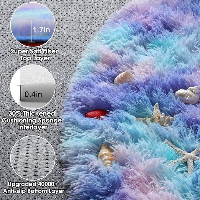 ONASAR Rainbow Round Area Rug 4ft, Soft Bedroom Circle Throw Rugs for Kids Girls Boys Teen Dorm Room, Fluffy Plush Shaggy Carpet Mats for Nursery Living Room Playroom Home Decor Princess Castle