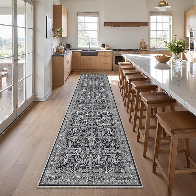 Hallway Washable Runner Rug 2x12 - Non Slip Vintage Kitchen Runner Rugs for Entryway Low-Pile Waterproof Long Runners for Living Room Bedroom Medallion Indoor Floor Mat for Bathroom Laundry Black