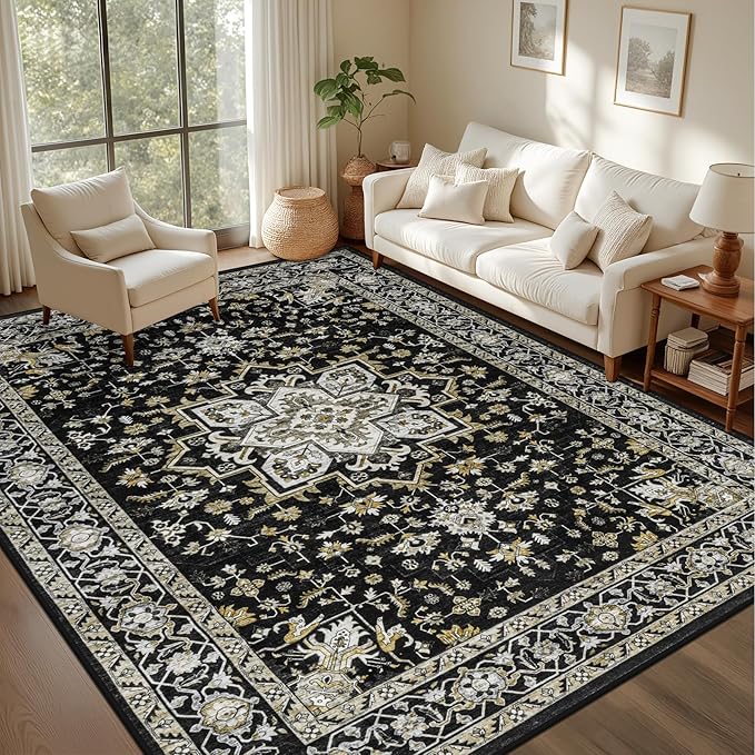 3x5 Area Rugs Living Room Rug: Washable Vintage Boho Medallion Rug No Slip Stain Resistant Soft Carpet Indoor Large Carpets for Bedroom Dining Room Farmhouse Nursery Hallway Home Office Black Gold
