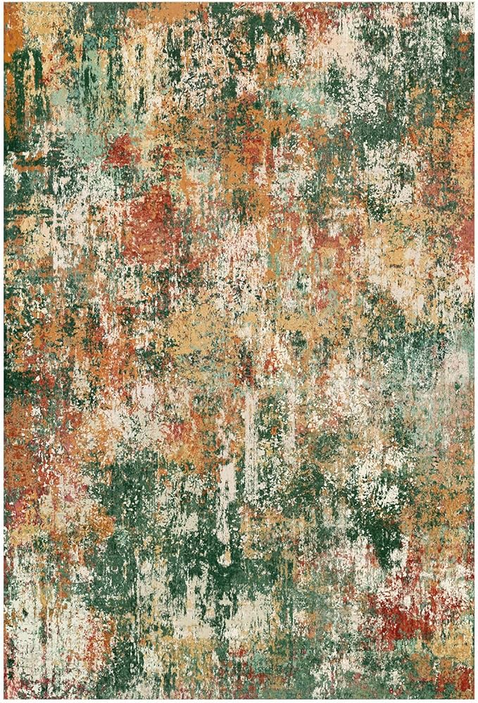 Washable Area Rugs 2'x10' Non-Slip Modern Abstract Soft for Living Room Entryway Bedroom Nursery, Print Pattern, Green Orange Rust Red Cream Colorful