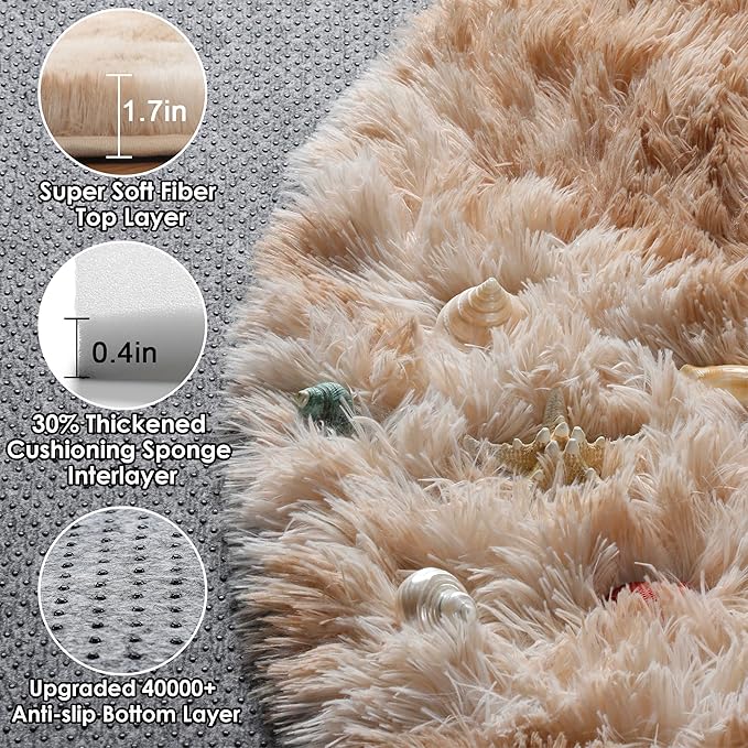 ONASAR Tie-Dye Beige Round Area Rugs 5ft, Soft Bedroom Circle Rug Floor Mats for Kids Girls Teen Room, Kawaii Fluffy Plush Shaggy Carpet for Baby Nursery Living Room Playroom Home Decor