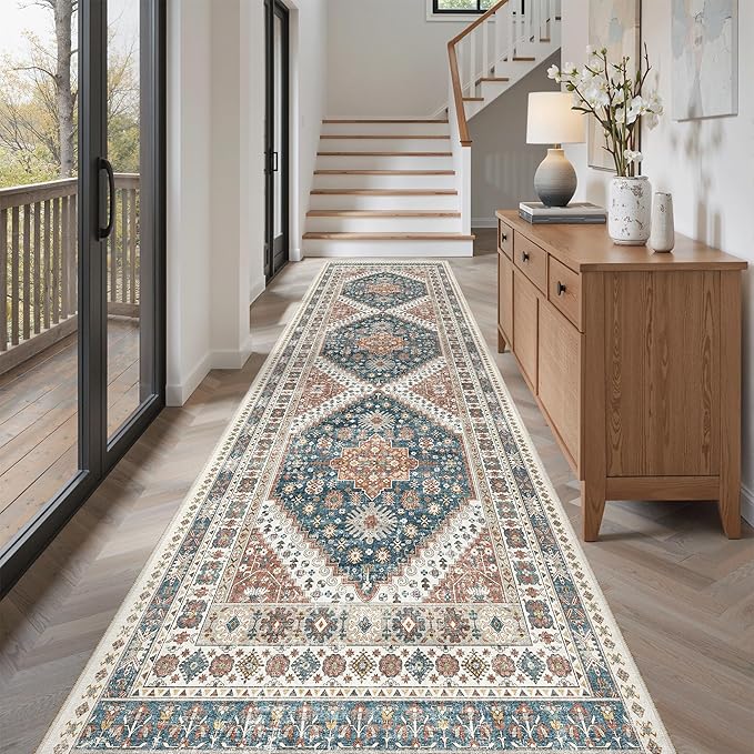 Madane Hallway Rug 3x10, Kitchen Rugs Washable Entryway Rug Vintage Kitchen Runners Non Slip Indoor Area Rug Farmhouse Carpet Runner for Bathroom Living Room Bedroom, Navy Blue