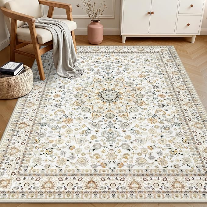 3x5 Area Rugs Living Room Rug: Washable Vintage Boho Rug No Slip Stain Resistant Soft Carpet Indoor Floor Floral Large Carpets for Bedroom Dining Room Farmhouse Nursery Home Office Beige