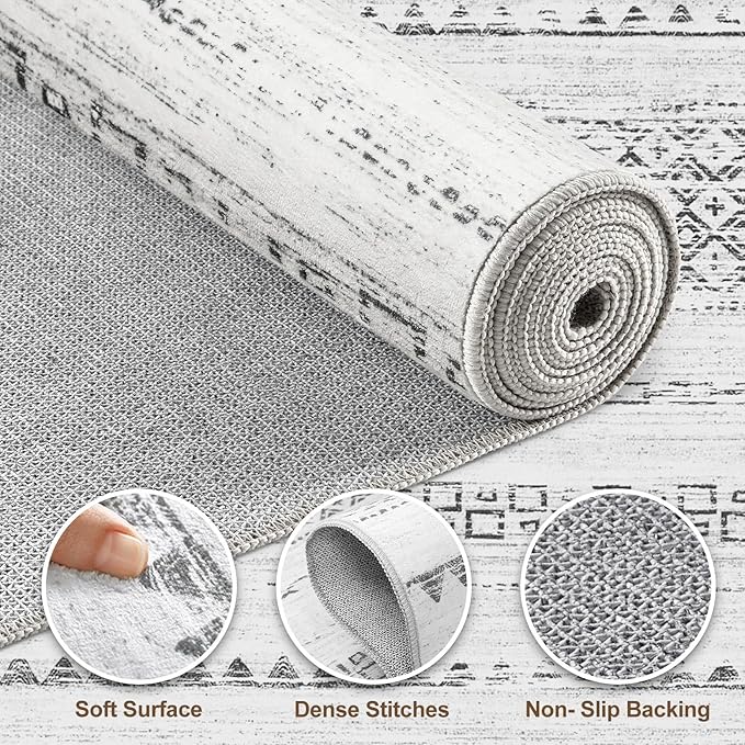 Nakagishi Runner Rug Kitchen Washable Rugs: 2x6 Non-Slip Boho Soft Modern Stain Resistant Indoor Floor Neutral Farmhouse Throw Carpet for Hallway Bathroom Laundry Room Entryway Bedroom- Grey