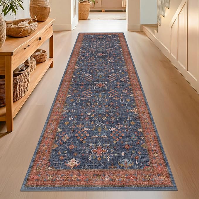 Hazo Haus Washable 3x8 Long Runner for Wide Kitchen Floor - Navy Blue 8ft Hallway Runner Rug, Pet Friendly Waterproof Non Slip with Rubber Backing, Stain Resistant Area Rug