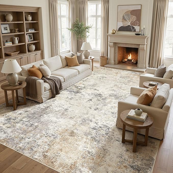 UERMEI 12x14 Area Rug Living Room Rugs - Washable Neutral Modern Abstract Soft Thin Large Rug Indoor Floor No Slip Rug Carpet for Bedroom Under Dining Table Home Office Decor - Golden Grey