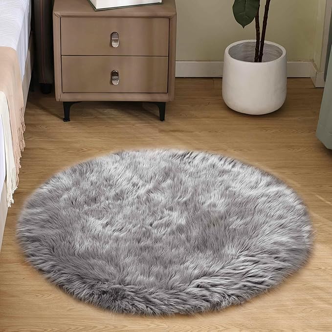 Goolela Grey Round Rug 3ft Fluffy Faux Sheepksin Fur Rug Fuzzy Gray Bedside Rugs for Bedroom Living Room Plush Soft Circle Shag Carpet
