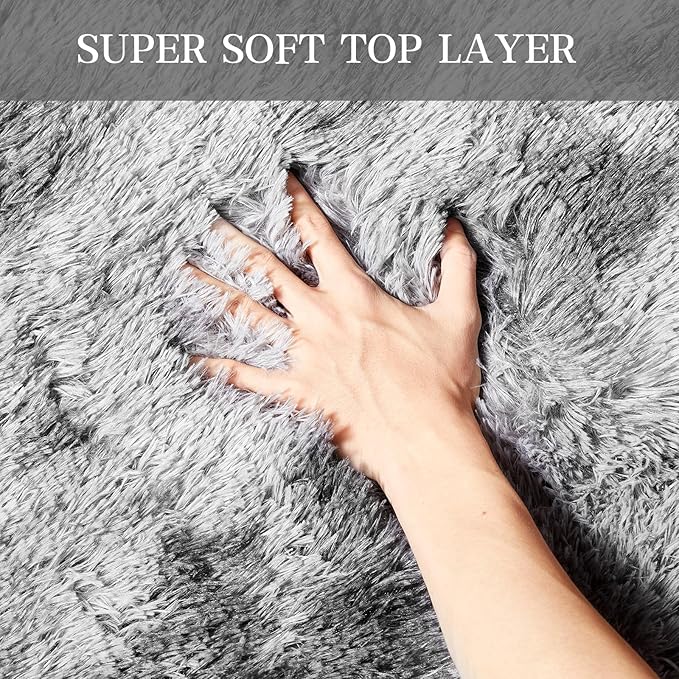 Ultra Soft Indoor Modern Area Rugs, 5x7 Tie-Dyed Light Grey Large Area Rugs for Living Room, Fluffy Shag Fuzzy Soft Carpet for Bedroom, Kids Home Decor Aesthetic, Nursery, Upgrade Anti-Skid