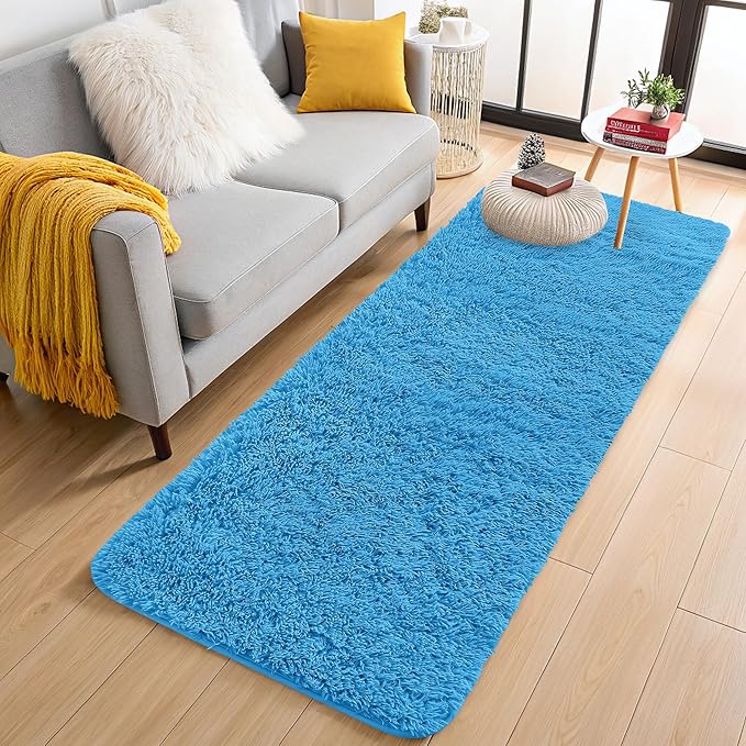 OLANLY 2x6 Machine Washable Runner Rugs for Hallway, Soft Fluffy Shaggy Bedside Rugs for Bedroom, Living Room, Indoor Floor Carpet for Kids Girls and Boys, Home Decor Aesthetic, Bright Blue