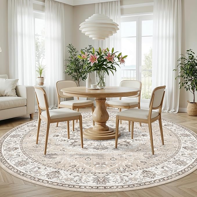 7x7 Living Room Area Rug: Washable Oriental Printed Soft Round Rug for Bedroom Besides Non-Slip Low-Pile Carpet for High-Traffic Area Indoor Stain Resistant Distressed Home Decor Mat(7Round,Beige)