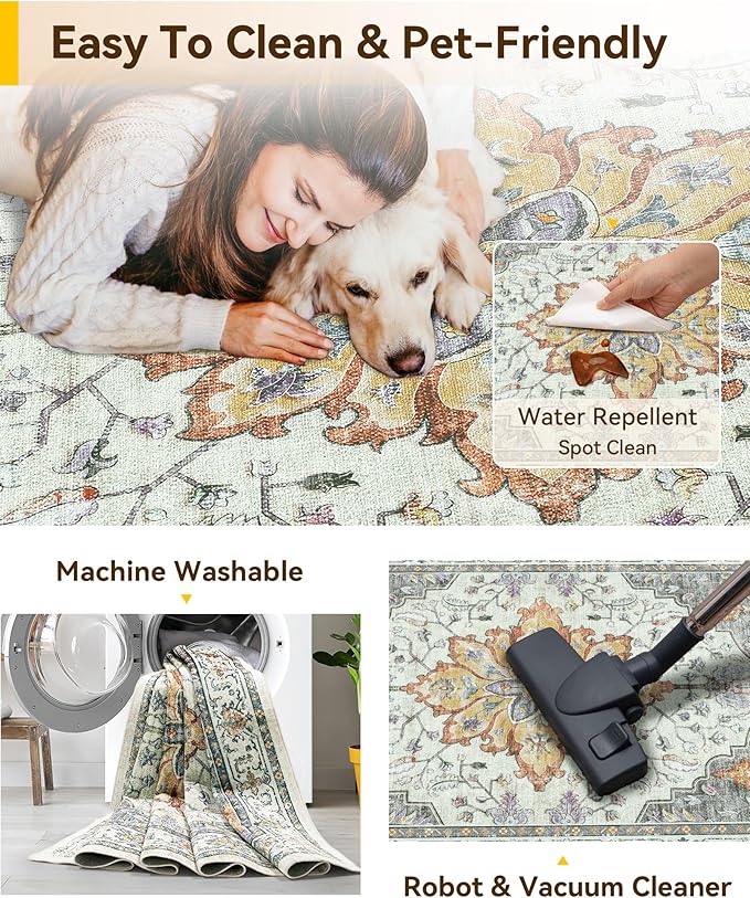 Area Rugs 3'x5' Washable Non-Slip, Floral Vintage Distress Print Pattern Medallion Carpet for Living Room Bedroom Dining Room, Light Yellow Carbon Grey Orange