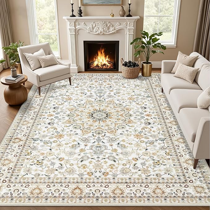 Area Rugs 10x12 Living Room Rug: Washable Rug Soft Vintage Boho Carpet Indoor Floor Non-Slip Stain Resistant Large Carpets for Bedroom Dining Room Farmhouse Nursery Home Office Beige