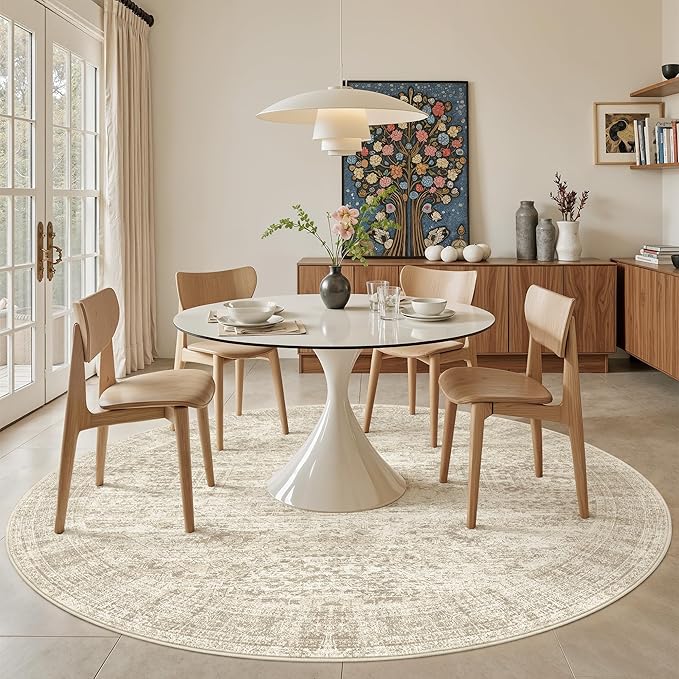 Soalmost 9x9 Beige Round Rug 9ft Living Room Circle Rug Vintage Round Area Rug Non Slip Indoor Carpet for Apartment