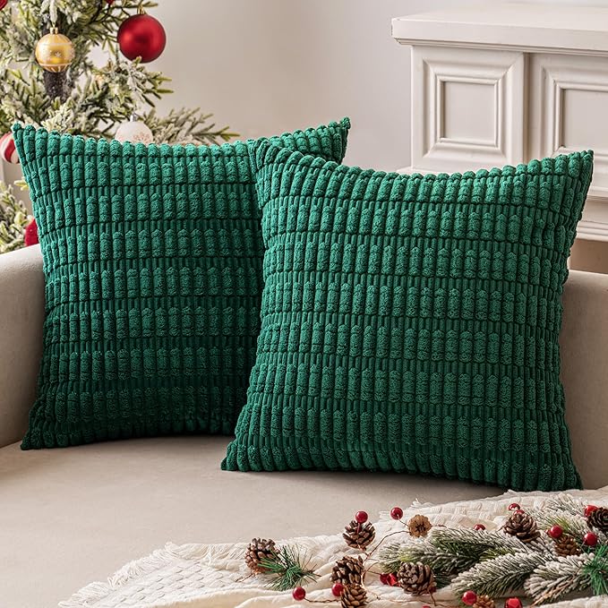 MIULEE Pack of 2 Dark Green Corduroy Decorative Pillow Covers 18x18 Inch Soft Boho Striped Throw Pillow Covers Modern Farmhouse Home Decor for Sofa Living Room Couch Bed