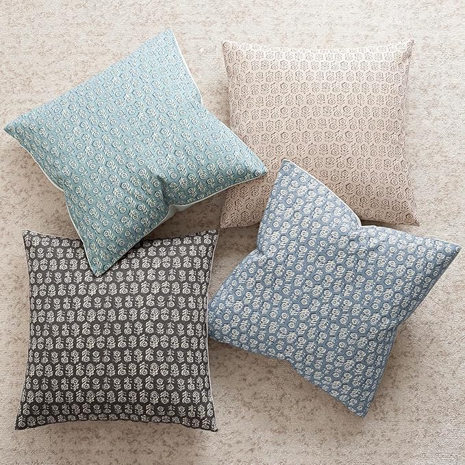 Foindtower Set of 2 Decorative Vintage Floral Print Throw Pillow Covers Neutral Accent Farmhouse Cushion Covers Boho Home Decor for Sofa Couch Chair Bedroom Living Room Outdoor,22×22 Inch,Sky Blue