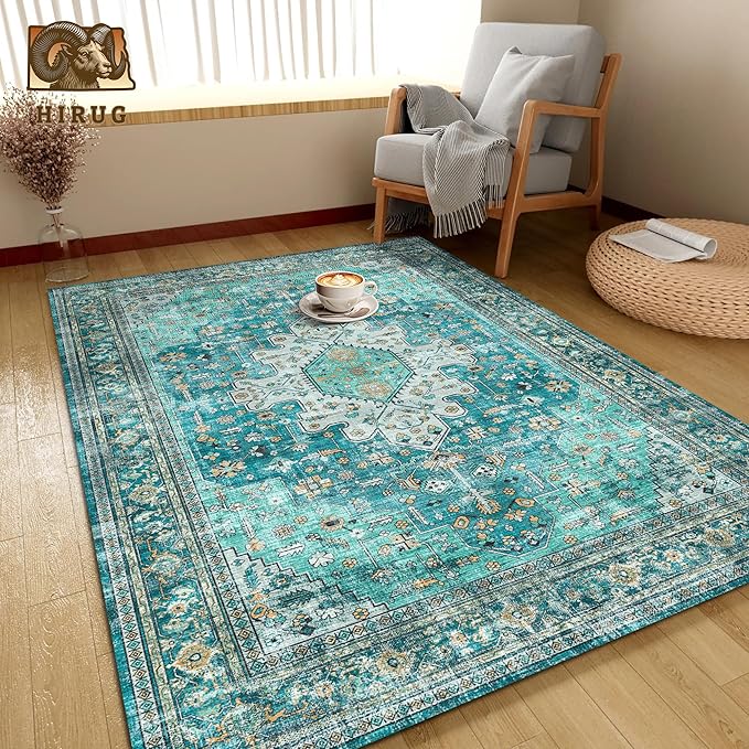 Washable Area Rug 6' x 9' Vintage Traditional Persian Mat - Foldable Distressed Non-Slip Machine Washable Carpet for Living Room Bedroom Kitchen Home Decor - Teal and Gold