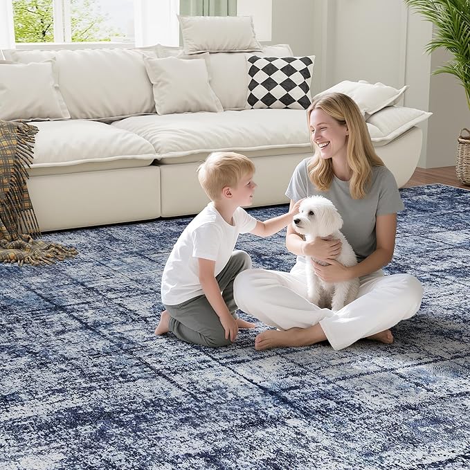 9x12 Area Rugs for Living Room Washable Rug: Anti-Skid Abstract Modern Living Room Rug Soft Thin Carpets Indoor Floor Non-Shedding Carpet for Bedroom Dining Farmhouse Nursery Navy Light Gray