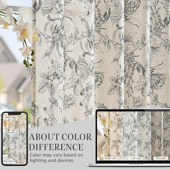 jinchan Floral Curtains 90 Inch Length Black Flower Linen Farmhouse Curtain for Living Room French Country Vintage Curtain Rod Pocket Curtains Set 2 Panels Balck Floral Printed