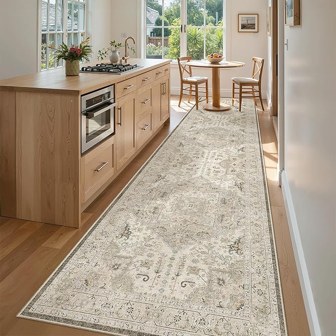Madane 3x12 Hallway Runner Rug - Non Slip Washable 12ft Runner for Hallways Soft Vintage Kitchen Rugs Low-Pile Carpet Runner for Entryway Bathroom Thin Floor Mat for Bedroom Dining Room, Ivory/Brown