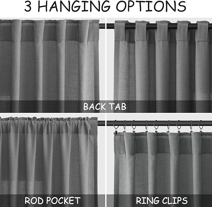 Dark Grey Linen Curtains 90 Inch Length 2 Panel Set for Living Room Light Filtering Elegant Farmhouse Curtain Rod Pocket Back Tab Window Drapes 90 Inches Long for Dining Room Bedroom Nursery 52x90
