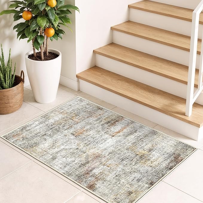 2x3 Washable Rug Runner for Bathroom, Soft Entryway Rug for Laundry Room, Kitchen, Vintage Abstract Hallway Runner for Bedroom, Anti-Slip Door Mat Indoor Entrance(2'x3', Grey/Rust)