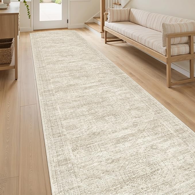 Runner Rug 2'6" x 12' Washable Non-Slip Runner Rugs for Kitchen Bathroom Laundry Room Vintage Ultra Thin Runners for Hallway Entryway Beige
