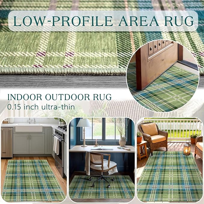 3x5 Buffalo Entry Rug - Small Washable Indoor Outdoor Mats for Front Door Non-Slip Porch Rug Green Teal Plaid Tartan Throw Rugs for Living Room Bedroom Entryway Kitchen Office Porch Decor