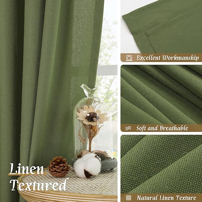 LAMIT Linen Curtains 45 Inch Length 2 Panels Set for Bedroom, Light Filtering Semi Sheer Neutral Short Decorative Window Rod Pocket Christmas Decor Drapes for RV/Basement, 42 X 45 Inch, Olive Green