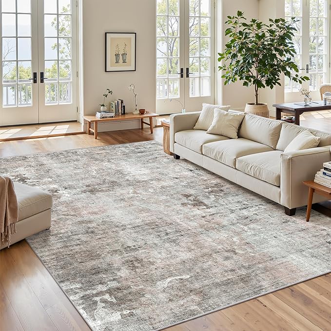 6x9 Abstract Area Rugs for Living Room 6 x 9 Washable Grey Pink Non Slip Low Pile Rugs for Bedroom Dining Room Foldable Thin