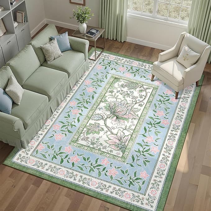 GarveeHome Blue Green Pink Washable 6x9 Area Rugs, Botanical Grove Vintage Cottagecore Non-Slip Rug for Living Room Bedroom Nursery Kitchen Low-Pile Retro Large Carpet