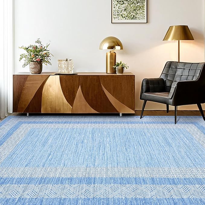 GarveeHome Small Bedroom Area Rug 3x5 Bordered Area Rug for Living Room Nursery Non Slip Kitchen Throw Carpet Low Pile Modern Rugs Washable Bathroom Mat Soft Rugs for Laundry, Light Blue