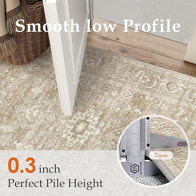 6x9 Washable Area Rug for Living Room Bedroom Vintage Beige Carpet Soft Low Pile Traditional Retro Non Slip Throw Rug for Dining Room Entryway Indoor Dorm Kitchen