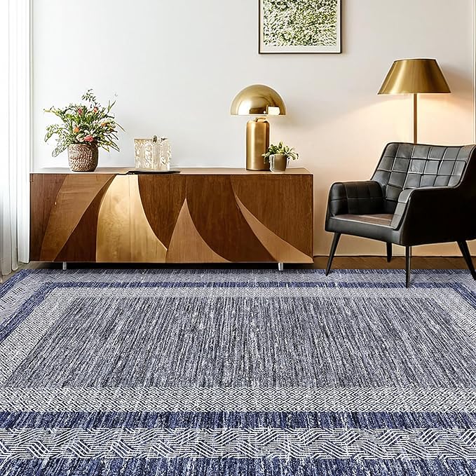 GarveeHome 10x13 Large Washable Geometric Area Rug Non Slip Non Shedding Floor Carpet, Modern Bordered Distressed Navy Blue Indoor Printed Rug for Living Room, Bedroom, Office