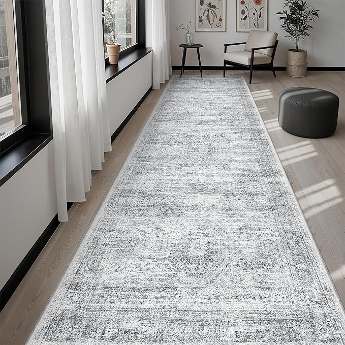 Runner Rug 3x10 Washable Non-Slip Hallway Runner Rugs for Kitchen Bathroom Laundry Room Grey Vintage Floor Carpet Runners for Hallways Entryway