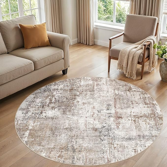UERMEI 6ft Round Area Rug Living Room Rugs - 6x6 Washable Neutral Modern Abstract Soft Thin Rug Indoor Floor No Slip Rug Carpet for Bedroom Under Dining Table Home Office Decor - Brown/Grey/Red