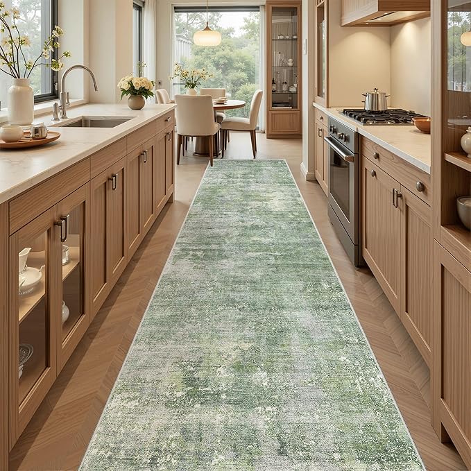 Runner Rug 2x12 Washable Non-Slip Hallway Runner Rugs for Kitchen Bathroom Laundry Room Green/Ivory Vintage Floor Carpet Runners for Hallways Entryway