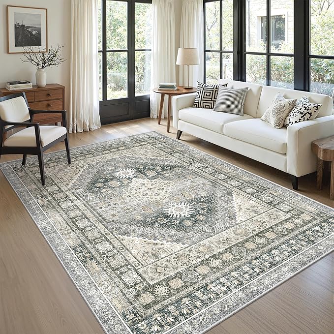 zesthome 6x9 Area Rug, Super Soft Washable Rugs for Living Room, Non-Slip Stain Resistant Vintage Rugs, Ultra-Thin Large Area Rugs (Wheat/Charcoal,6'x9')