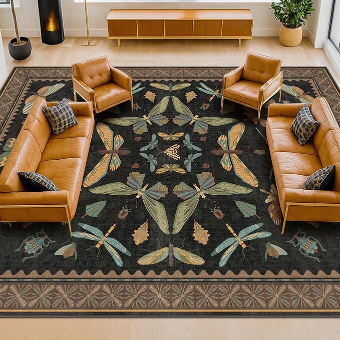 Hazo Haus Large Black Rug for Living Room - Area Rugs 9x12 Dining Room Table, Large Bedroom Under Bed, Unique Insect Bug Home Décor, Foldable Soft Stain Resistant