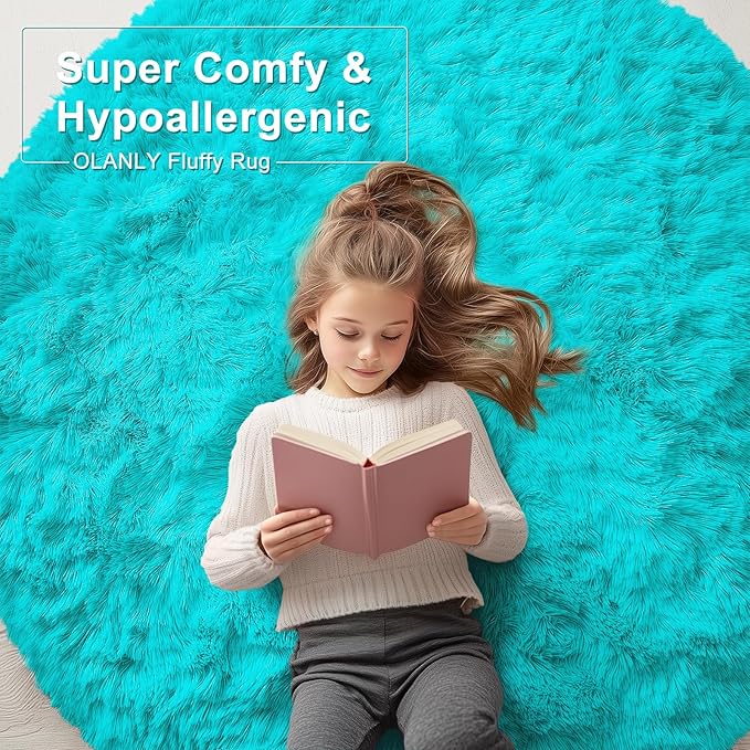 OLANLY Teal Blue Round Rugs for Bedroom - Machine Washable, 5 ft Circle Area Rugs for Living Room, Soft and Fluffy Shaggy Carpet for Teen Girls and Boys, Nursery Rooms, Dorms, Home Decor Aesthetic