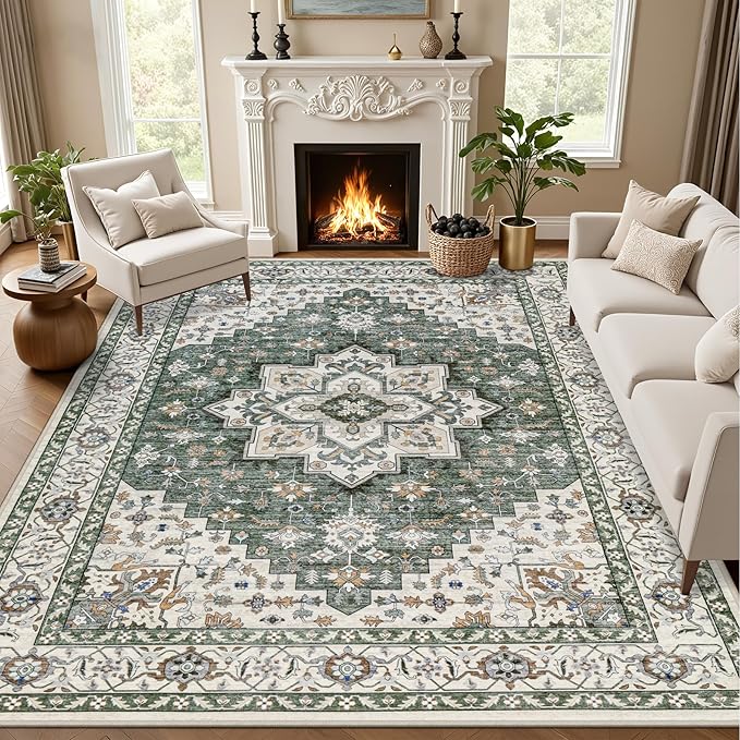 Area Rugs 10x14 Living Room Rug: Washable Rug Soft Vintage Boho Medallion Carpet Indoor Non-Slip Stain Resistant Large Carpets for Bedroom Dining Room Farmhouse Nursery Home Office Green Ivory